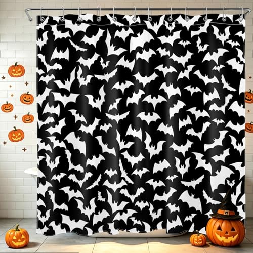 EOBTAIN Black and White Halloween Shower Curtain for Bathroom,Bat,72"x72" at Amazon