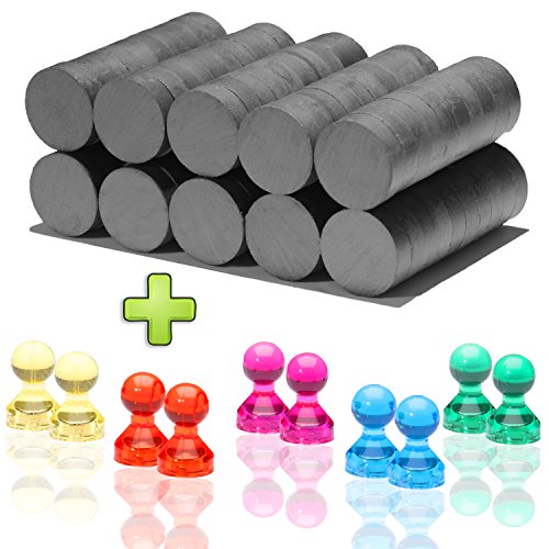 SEGOL - 100 Strong Ceramic Magnets Grade 0.7 x 0.2 Inch - Ferrite Magnets/Round Magnets for Craft , Refrigerator , Hobbies ,School ,Students and Whiteboard with Gift Box & 10 Free Magnetic Pins