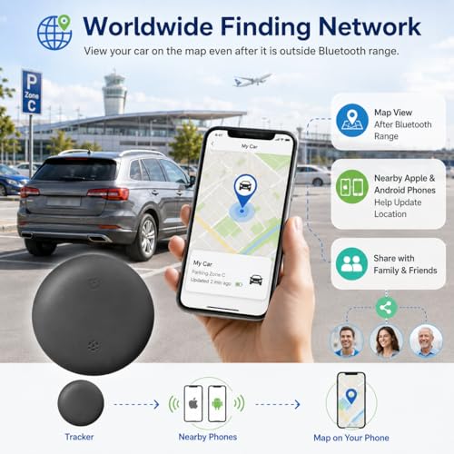 Car Tracker Support Android and iOS Systems, Magnetic Bluetooth Finder for Car with Alerts, Global positioning function,1 Year Battery Life (Includes Keychain, Strap & Mount)
