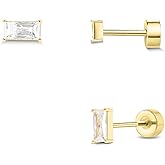 Push-in Flat Back Earrings, Hypoallergenic 14K Gold Plated Princess Cut Cubic Zirconia Stud Earrings Square CZ Studs | Cartilage Earring | Tragus Helix Piercing Jewelry | Threadless Push in Flatback Nap Earrings for Women Men