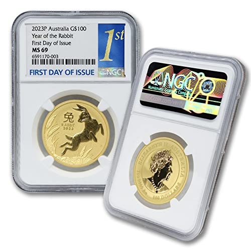 2023 P 1 oz Gold Australian Lunar Series III Year of the Rabbit Coin MS-69 (First Day of Issue) 24K $100 NGC MS69