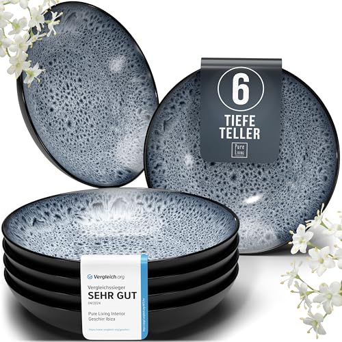 Steingut Suppenteller 6 Personen Ibiza TESTSIEGER, Traumhaftes Mediterranes Steingut Tiefe Teller Set, Pasta Teller Tief Groß - Pure Living in Graubla