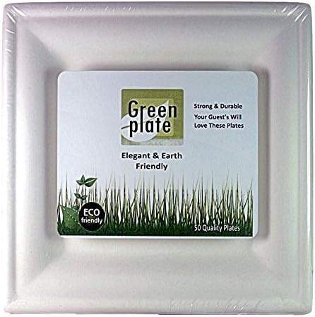 Greenplate 6 Inch Square Heavy Duty Disposable Plate Eco Friendly Compostable made from Sugarcane 50 Count White