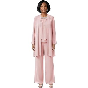 Women's 3 Piece Mother of Bride Pantsuit Sequin Neck Chiffon Evening Set | Elegant round neck with shiny sequin trim; Flowy o