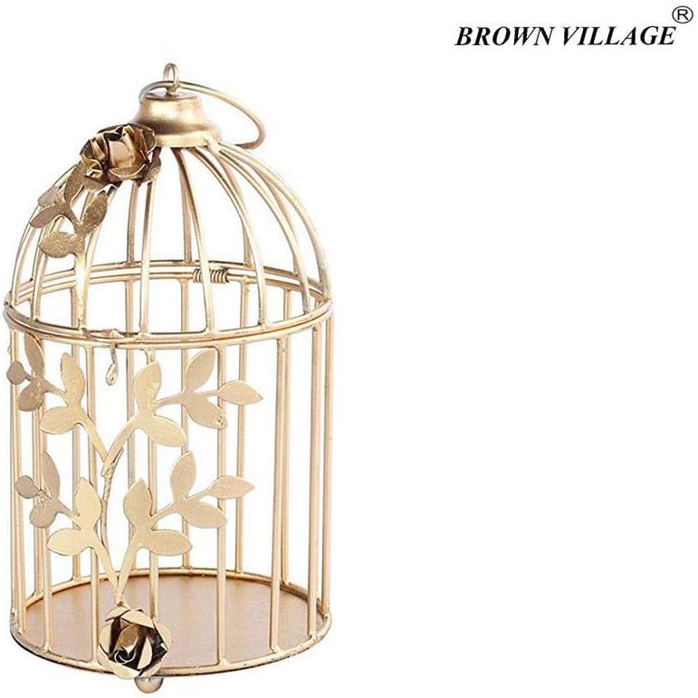 Brown Village Metal Birdcage Tea Light Holder With Flower Vine, Pack of 1