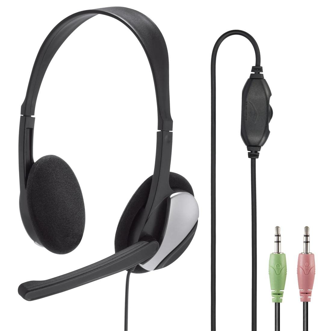 Hama PC Headset HS-P100, Ultra Lightweight On-Ear Stereo with Microphone, Volume Control on Cord, 2 m Cable Length, 2 x 3.5 mm Jack, Black