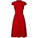 Hobemty Women's Pleated Dress Mock Neck Cap Sleeve Belted A-Line Dresses