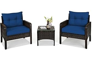 HAPPYGRILL 3 Piece Patio Conversation Set Outdoor Rattan Wicker Furniture Set with Coffee Table & Chairs Patio Bistro with Seat Cushions for Garden Balcony Backyard Poolside