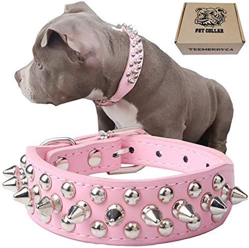 TEEMERRYCA Adjustable Leather Spiked Studded Dog Collars with a Squeak Ball Gift for Small Medium Large Pets Like Cats/Pit Bull/Bulldog/Pugs/Husky, Pink, XL 17.7-20.5 inches