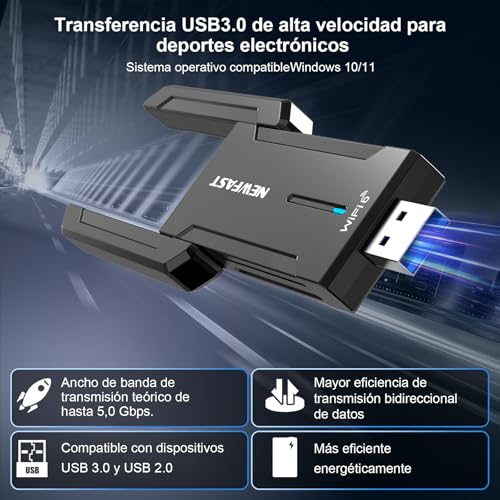 NEWFAST 5400Mbps USB WiFi Adapter for PC WiFi6E Adapter, USB3.0 Wi-Fi 6 for PC 6GHz/5GHz/2.4GHz USB WiFi Antenna Compatible Windows 11/10, MU-MIMO