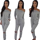 Longwu Women's Fashion off-Shoulder Drawstring Jumpsuits Rompers Knee Hole Pants Grey-XL