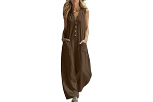 Jumpsuits for Women Sleeveless V Neck Cotton Linen Jumper Baggy 1/2 Button Romper Casual Overall with Side Pocket