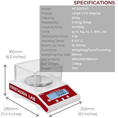 Fristaden Lab Precision Analytical Milligram Balance 200g x 1mg | Measures Grams, Carats, Kilograms | 0.001g (1mg) Accuracy Electronic Scientific Scale for Laboratory, Jewelry and More