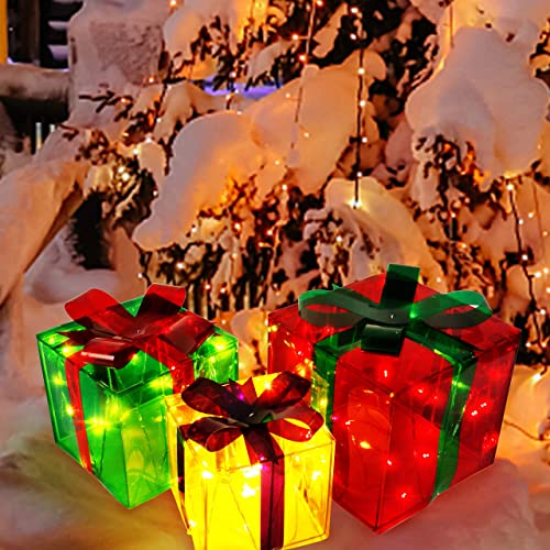 Joliyoou Christmas Lighted Gift Boxes, Set of 3 Light Up 60 LED Deocr