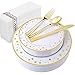WDF 25Guest Gold Plastic Plates with Disposable Plastic Silverware&Hand Napkins- Star Dot 25 Dinner Plates,25 Salad Plates,25 Forks, 25 Knives, 25 Spoons,25 Disposable Napkins