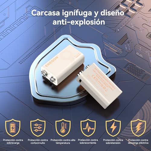 ENEGON 4 Pila 9V 1000 mAh Bateria 9V Recargable para Dispositivos de Precisión como Multímetros Portátiles, Detectores de Humo y Micrófonos, Incluye Cable de Datos Tipo C