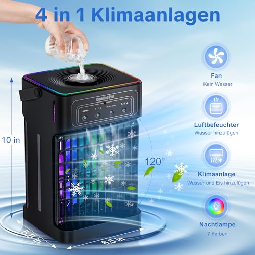 Mobile Air Conditioning, 4-in-1 Mobile Air Conditioning, Fan with Water Cooling, 1100 ml Water Tank, Air Conditioner with 3 Wind Speeds, 7 Colours, Light, 3 Spray Functions, 2-8H Timer for Bedroom