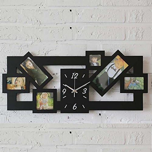 MCC Phase Frame Wall Clock Wooden Large Mute Quartz Rectangle Clocks Family With 6 Pictures Photos , black