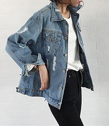 JudyBridal Oversize Denim Jacket for Women Ripped Jean Jacket Boyfriend Long Sleeve Coat