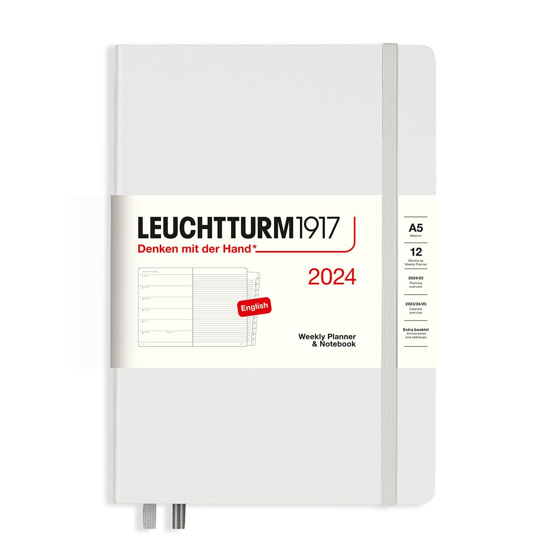 LEUCHTTURM1917 367701 Weekly Calendar & Notebook Medium (A5) 2024, 12 Months, Light Grey, English