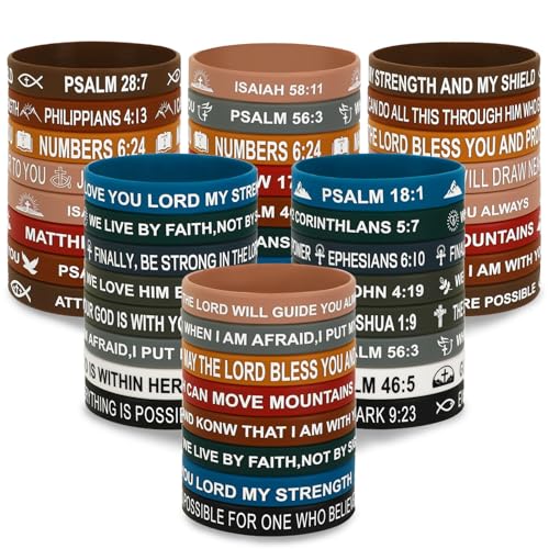 JUNEBRUSHS 64pcs Bible Verse Rubber Bracelets Bulk Inspirational Christian Rubber Silicone Wristbands for Men Women Party Christian Gifts Supplies(16 Designs)