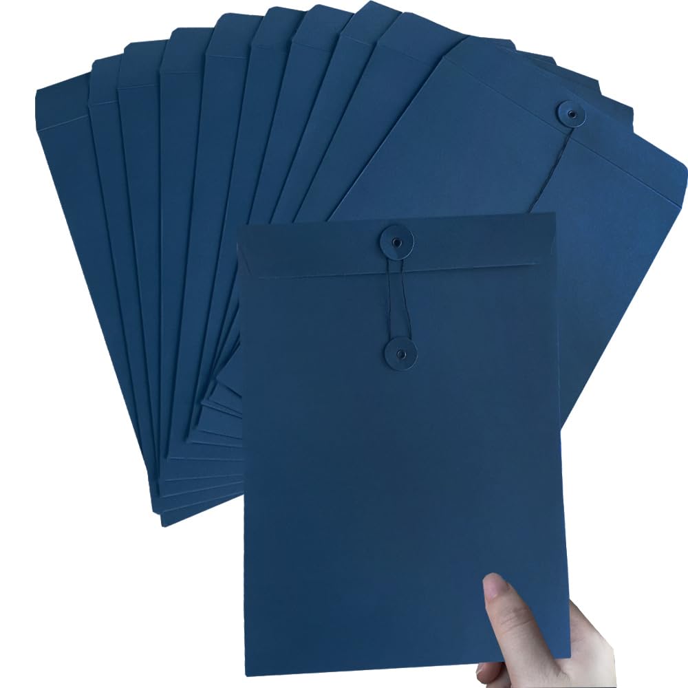 10Pcs A4 Kraft Paper File Folder Blue Filing Envelope Folder Project Document Folder with String Closure Presentation Holder Letter Organizer Bag Pouch Project Report Pocket Paperwork Organizer