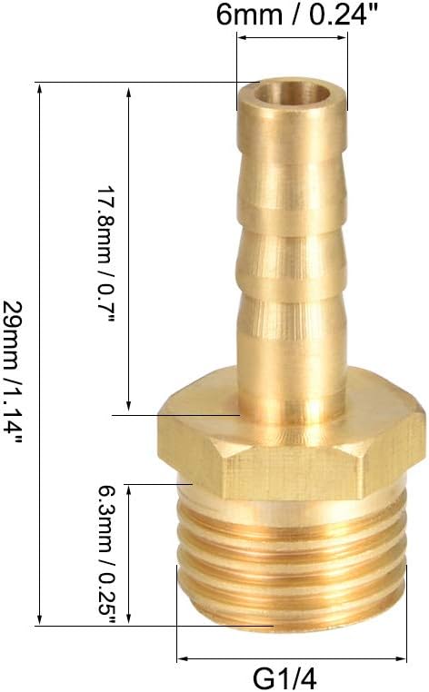 sourcing map Brass Hose Barb Fitting,Connector,6mm Barb x G1/4 Male Pipe Adapter,5pcs, Gold, 6mm x G1/4 - Image 3