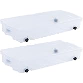 Rubbermaid 68 Quart Under the Bed Low Profile Storage Boxes with Dual Hinged Lids and Easy Rolling Caster Wheels, Clear, 2 Pack