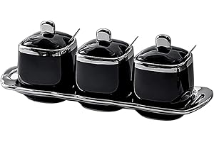 Fvstar Ceramic Sugar Bowls 3pcs Porcelain Seasoning Pots with Spoons,Lid and Tray Kitchen Spice Canister Jar Set Countertop Condiment Container for Sugar,Pepper,Coffee,Spice,Salt(Black)