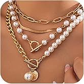 Gold Layered Paperclip OT Buckle Pearl Necklaces for Women Dainty, Vintage MultiLayer Coin Pearls Pendant Snake Chain Choker Necklaces Trendy Jewelry Gift