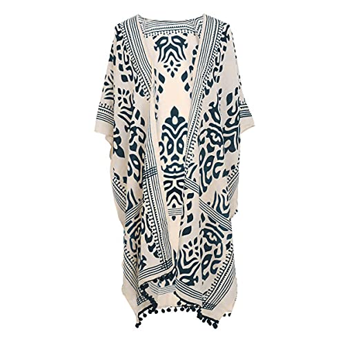 Women Beach Cover Up Kimono Cardigans Pom Pom, Boho Chiffon Sheer