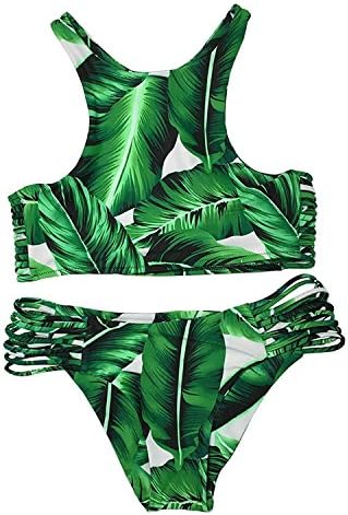Women's Tropical Leaves Printing Tank Padding Bikini Set, Green Medium