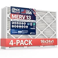 BNX TruFilter 16x24x1 Air Filter MERV 13 (4-Pack) - MADE IN USA - Electrostatic Pleated Air Conditioner HVAC AC Furnace Filters for Allergies, Pollen, Mold, Bacteria, Smoke, Allergen, MPR 1900 FPR 10