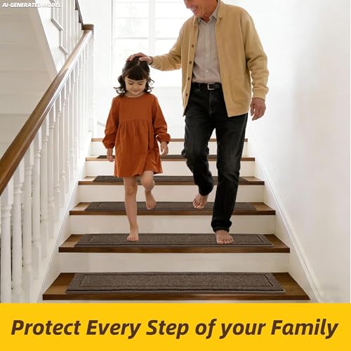 Non-Slip Stair Treads for Wooden Steps Indoor, 15 Pack 8" X 30" Edging Stair Rugs with TPE Backing,0.45" Thick Carpet Stair Treads for Kids Elders & Pets, 100% Polyester Soft Stair Runners, Brown