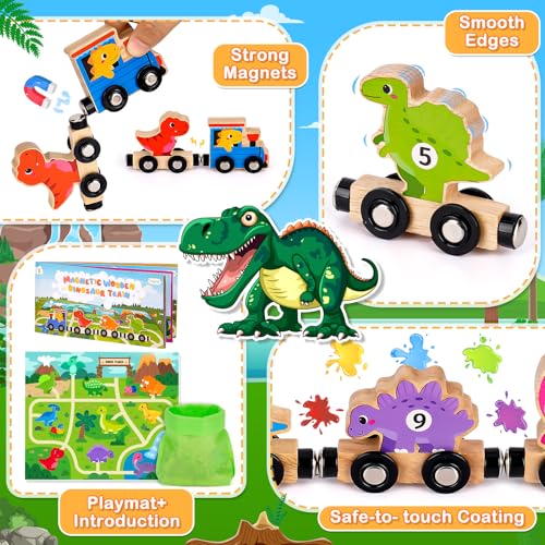 Toddler Dinosaur Toys for 1 2 3 Year Old Boys, Dinosaur Train Toys for Boys | Montessori Toys for 1-3 Year Old, Wooden Magnetic Dinosaur Train Set for Boys age 2 3 4, First Birthday Gifts for Boys Girls