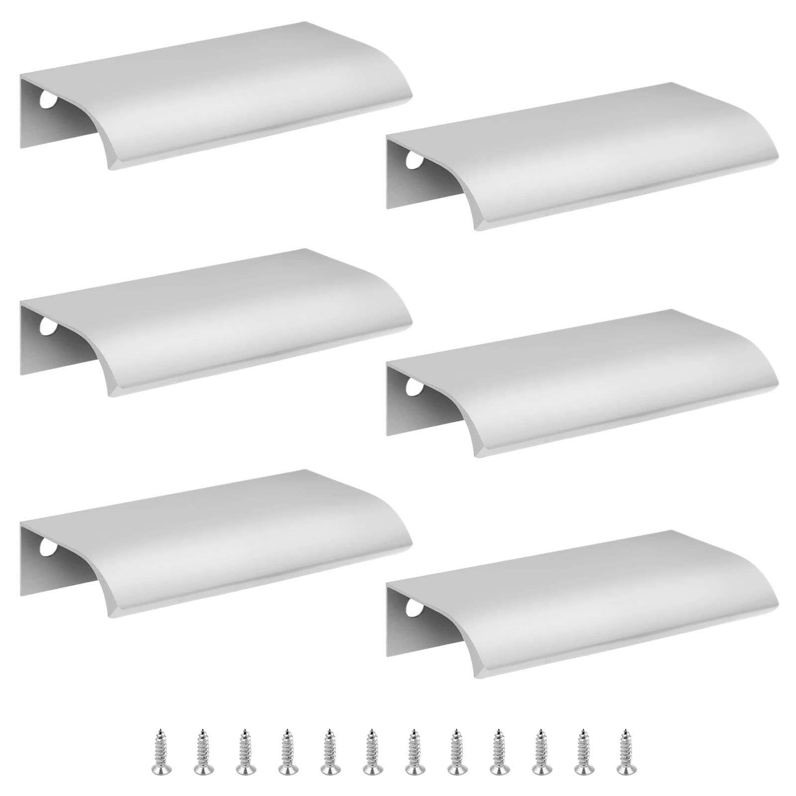 Cjueiom 6 Pack Concealed Kitchen Cupboard Handles 64mm Hole Center Hidden Drawer Pulls, Finger Edge Pull Aluminum Cabinet Handle Invisible Door Knob for Wardrobe (80mm Total Length, Silver)
