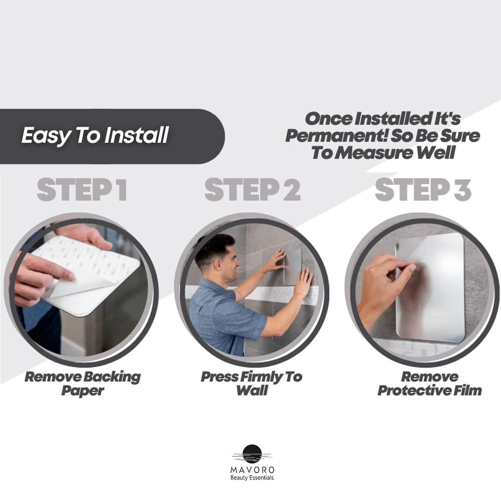 Mavoro Shaving Mirror for Shower - 3M Adhesive Shower Mirror. 7x9in Acrylic Mirror - Unbreakable, Less Fogging. Sleek Frameless, Peel and Stick, Glassless Safety Kids Mirror