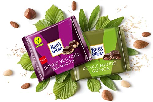 VEGAN Dark bittersweet Chocolate with whole Hazelnuts and Amaranth Crisps 100 g and VEGAN Dark Chocolate with whole Almonds and Quinoa Crisps 100 g, Ritter Sport / Germany