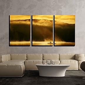 3 Piece Canvas Wall Art - Early Morning Sunrise, Boating on The Lake in The Sunlight - Modern Home Art Stretched and Framed Ready to Hang - 16"x24"x3 Panels