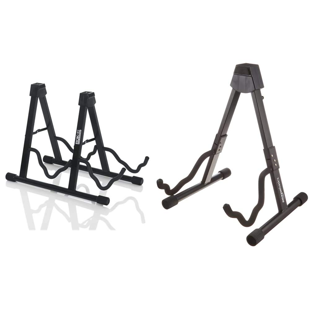 Rok It A-Frame Double Guitar Stand; Holds Most Standard Electric and Acoustic Guitars (RI-GTRAU2X) & Amazon Basics Guitar Folding A-Frame Stand for Acoustic and Electric Guitars