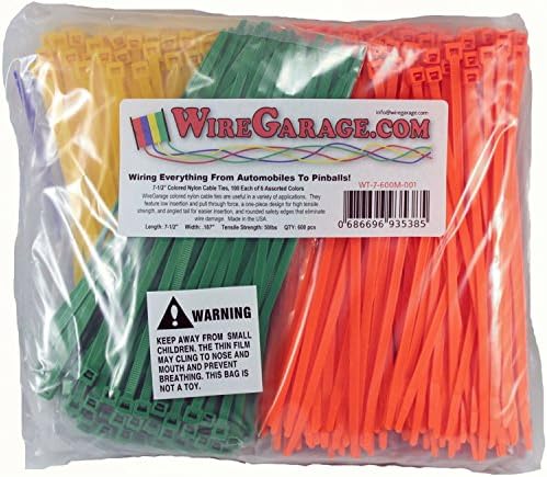 7-1/2" Colored Nylon Cable Ties, .187" Width, 50lb Tensile Strength, 100 Each of 6 Assorted Colors (600 Pieces Total), Made in the USA
