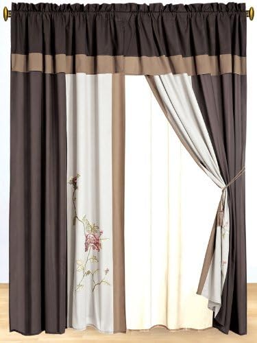 moderna cortina seda de imitacion bordado chocolate cafe cafe beige panel set de 3 capas con cenefa y sheer