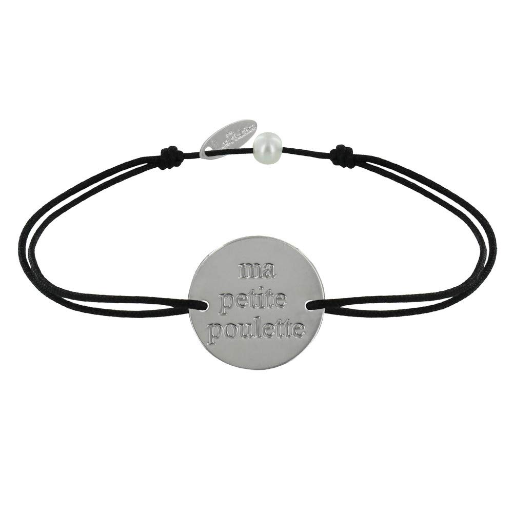 LES POULETTES BIJOUX - Bracelet Link Silver Plated Round Medal Ma Petite Poulette - Black