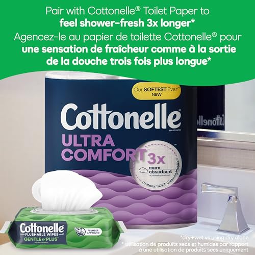 Cottonelle GentlePlus Flushable Wet Wipes with Aloe & Vitamin E - 2 Flip-Top Packs, 84 Total Flushable Wipes | 2 Flip-Top Packs, Soothing, Breaks Down After Flushing, Hypoallergenic, Plant-Based, FSC Certified