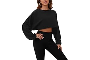 Meladyan Women Long Sleeve Crewneck Crop Top Tee Shirt Sweatshirt Casual Solid Loose Fit Workout Cropped Pullover Tshirt