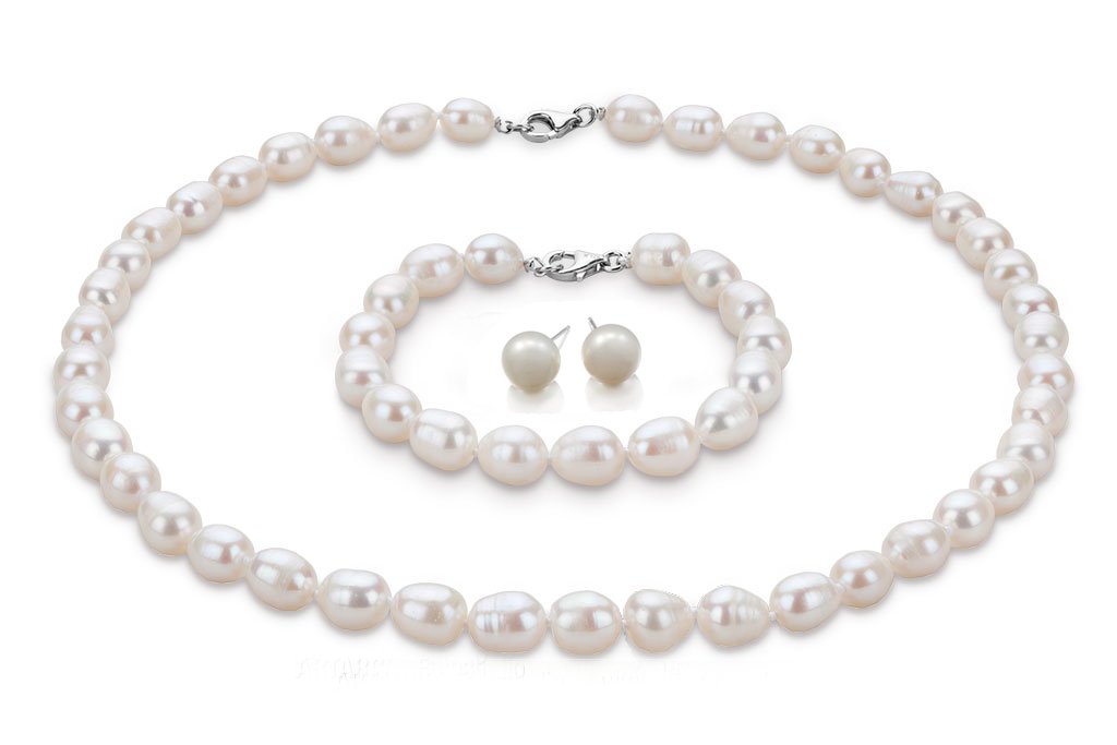 Treasure Bay Women's 8mm Rice Shape Freshwater Pearl Necklace Bracelet and Earrings Jewellery Set For Women - White