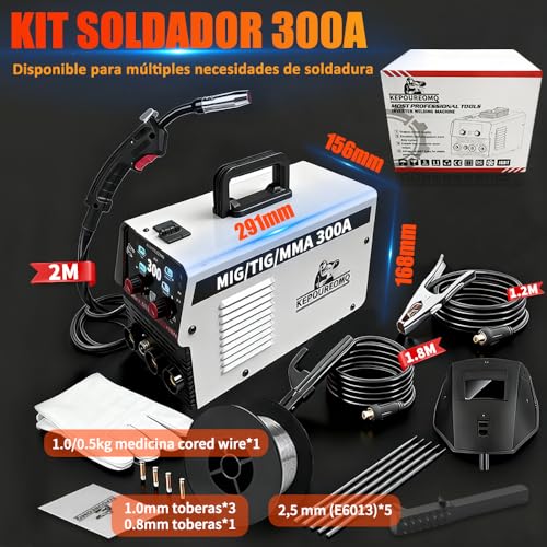 KEPOUREOMQ Soldadora Inversora Portátil de 300A, 3 en 1 Soldadora Inverter de MIG/MMA/TIG, Máquina de Soldar sin Gas, con Voltage Dual 110/220V, 60% Ciclo de Trabajo, Inversor IGBT, LED Pantalla, IP21