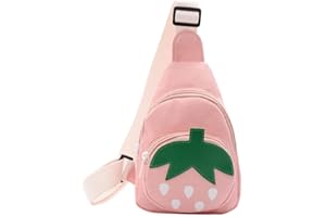 Hiflyer Pink Strawberry Sling Backpack, Small Backpack for Girls, Kawaii Bag, Lightweight Canvas, Adjustable Shoulder Strap, Zipper, 8x5x2 inches