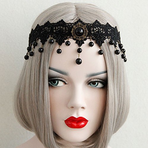 Diablo Gothic Style Black Lace Pearl Hair Bands Crown Forehead Jewelry for Women Headdress Halloween Costume