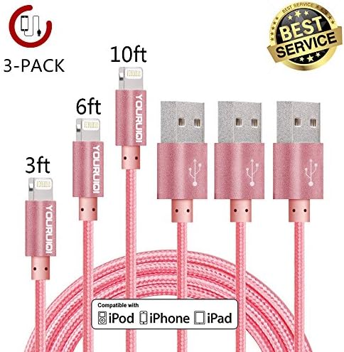 iPhone Charger,Youruiqi Lightning Cable,3 Pack 3ft 6ft 10ft Nylon Braided Lightning to High Speed Charging USB Cable Cord for iPhone 7/7 Plus/6/6s/6 Plus/6s Plus/5/5s/5c/SE and More (3PCS Rose)